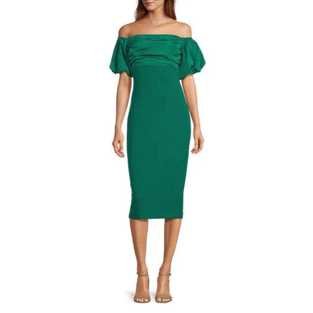 Badgley Mischka Belle Harlow Stretch Crepe Off-the-Shoulder Puffed Slv Dress 10
